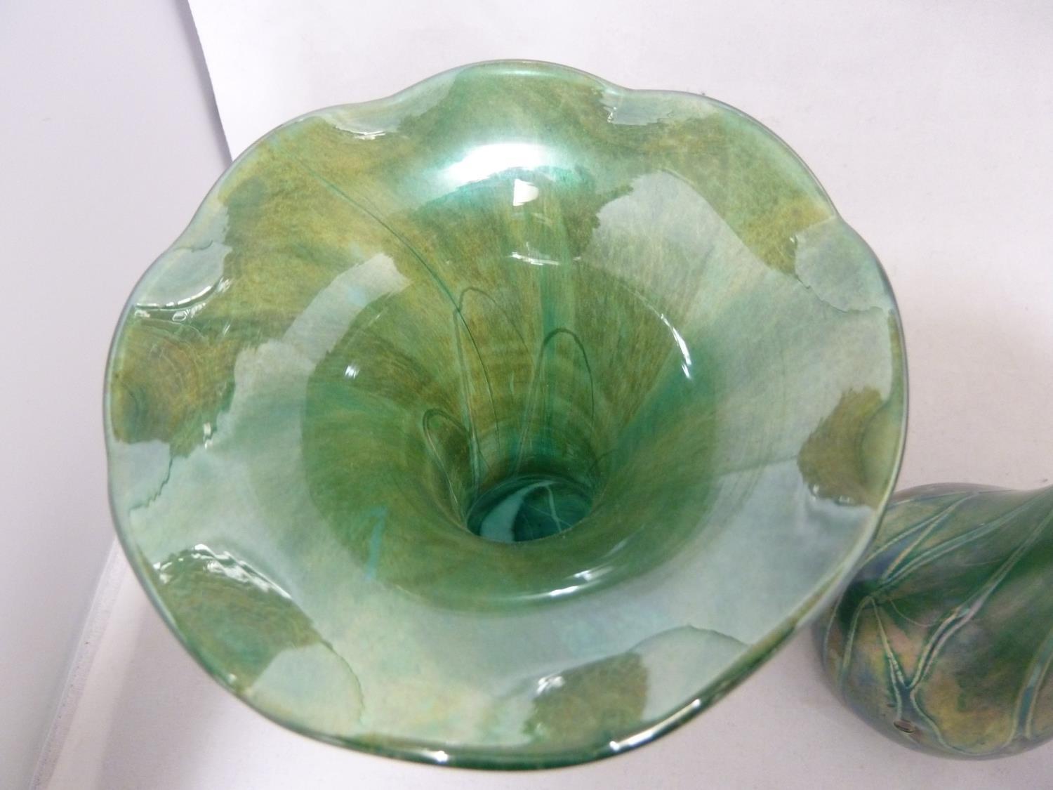 Isle of Wight, possibly Alum Bay - a pair of convolvulus bud form glass vases of nacreous green blue - Image 6 of 7