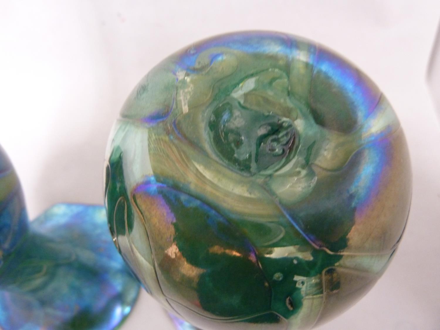 Isle of Wight, possibly Alum Bay - a pair of convolvulus bud form glass vases of nacreous green blue - Image 4 of 7