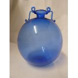 Vittorio Zecchin for Venini Glass - a blue globular glass vase with applied loop twist handles to