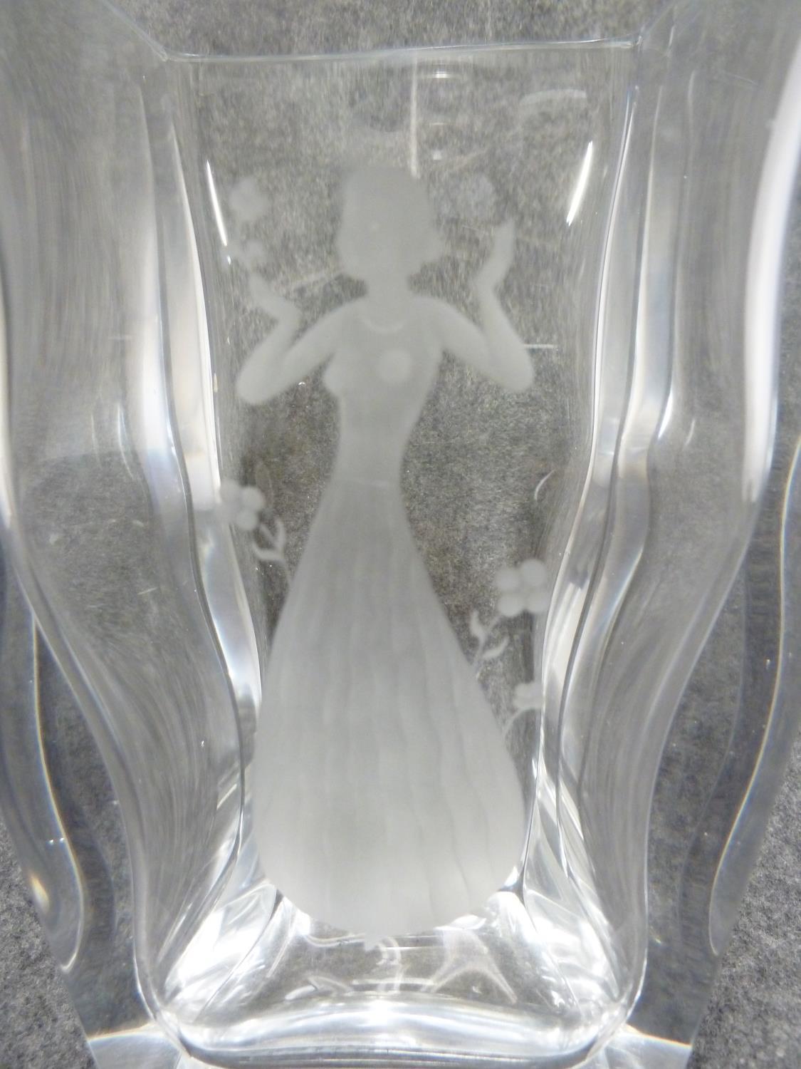 Nils Landberg for Orrefors - a vase engraved with a female figure in ball dress with four petaled - Image 2 of 4