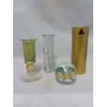Isle of Wight Glass - A candlestick; a miniature globe vase with original label; and a cylinder vase