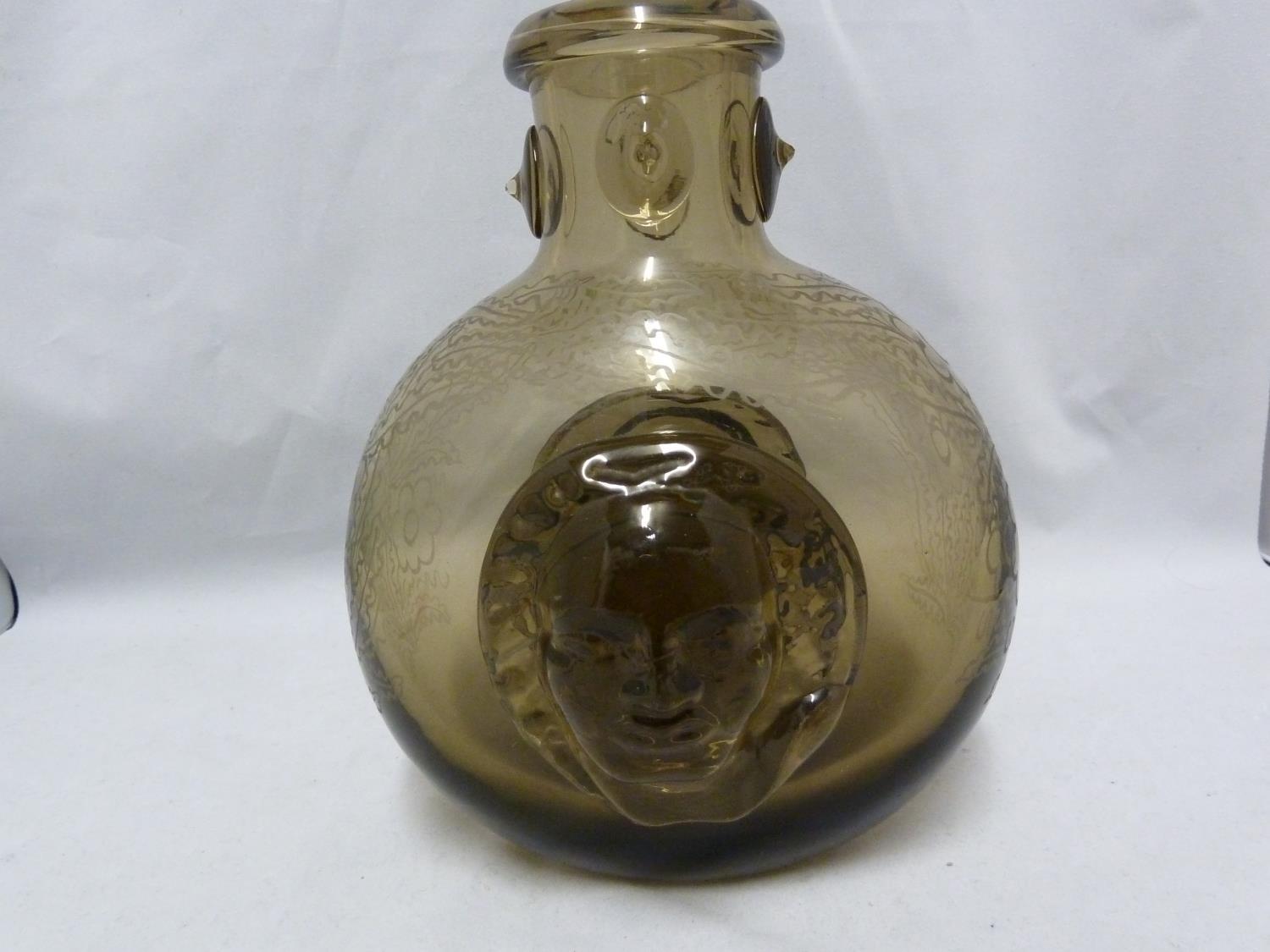 Seguso - a dark amber glass flask, the flattened globular body applied with a female head to each - Image 3 of 8