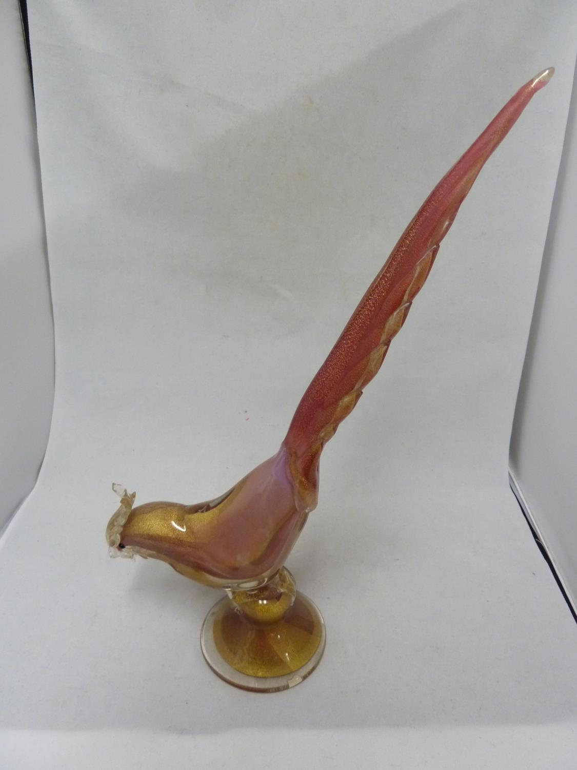 Murano glass - Pheasant - modelled standing with elongated tail upright, in pink and aventurine gold
