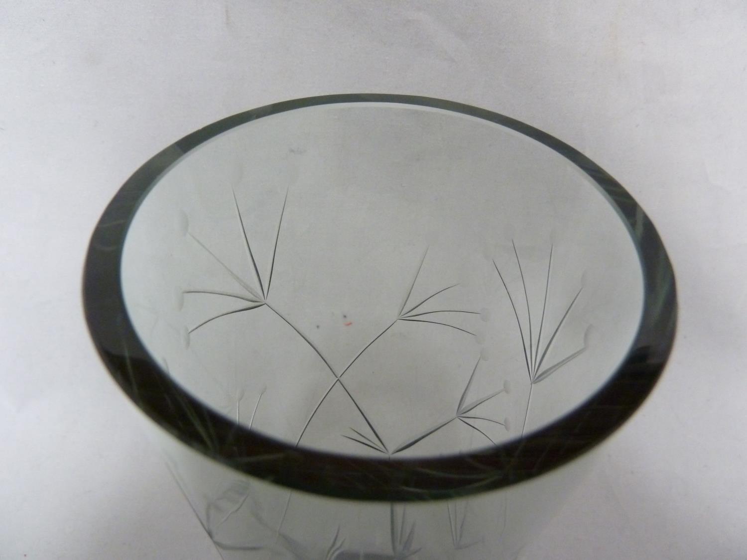 Geoffrey Baxter for Whitefriars- a sea green cylindrical glass vase cut with Cow Parsley design, - Image 3 of 4