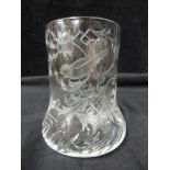 Stevens and Williams - a colourless glass beaker vase, finely cut with a bird on a flowering