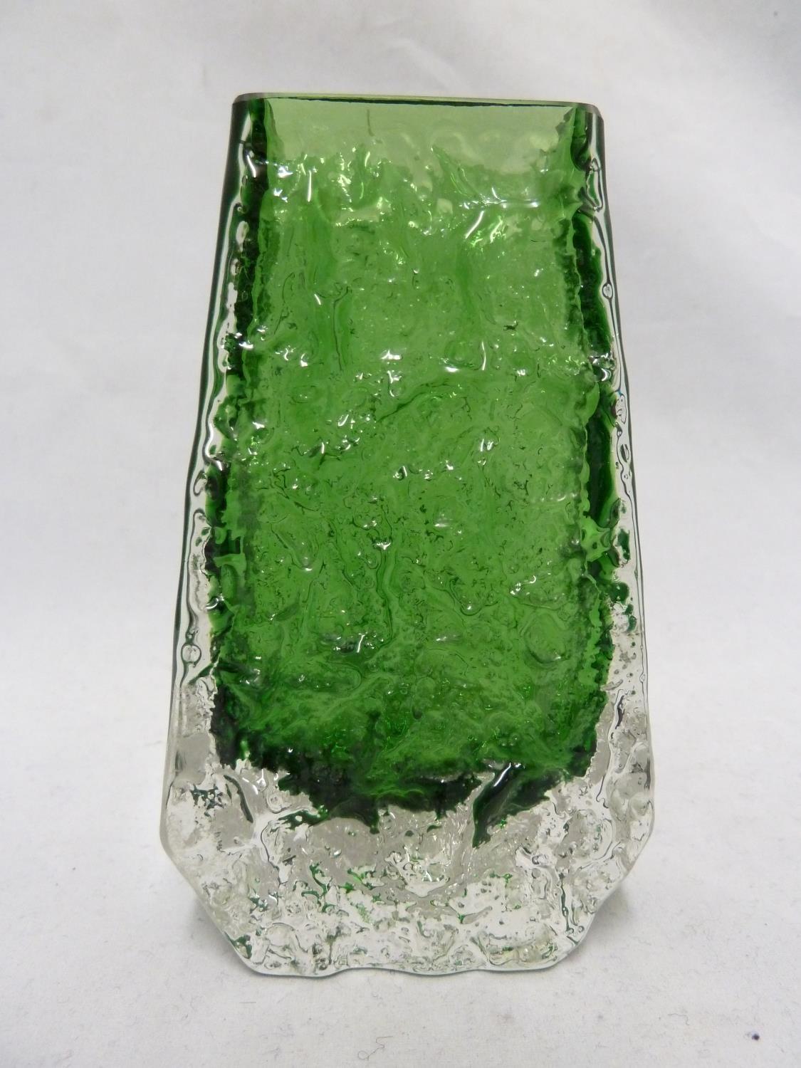 Whitefriars - a Meadow Green glass Coffin form vase, 13cm high