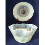 English Glass - A threaded striped opaline glass bowl, with wavy rim; and a striped opaline glass