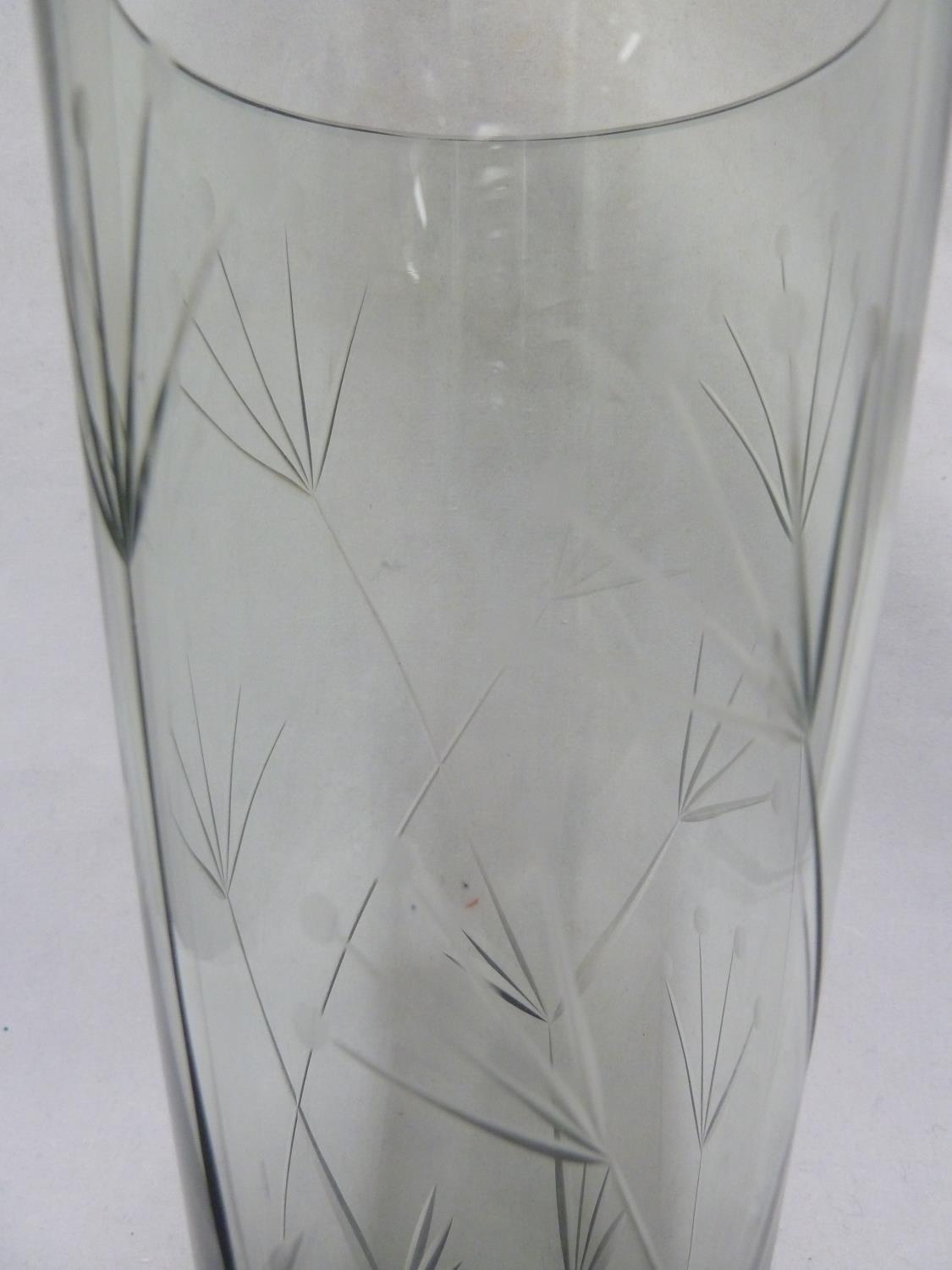 Geoffrey Baxter for Whitefriars- a sea green cylindrical glass vase cut with Cow Parsley design, - Image 2 of 4