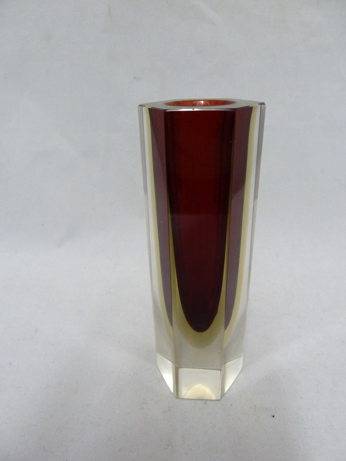 Mandruzzato - a hexagonal faceted Sommerso glass vase, red/yellow/colourless, circa 1960's,