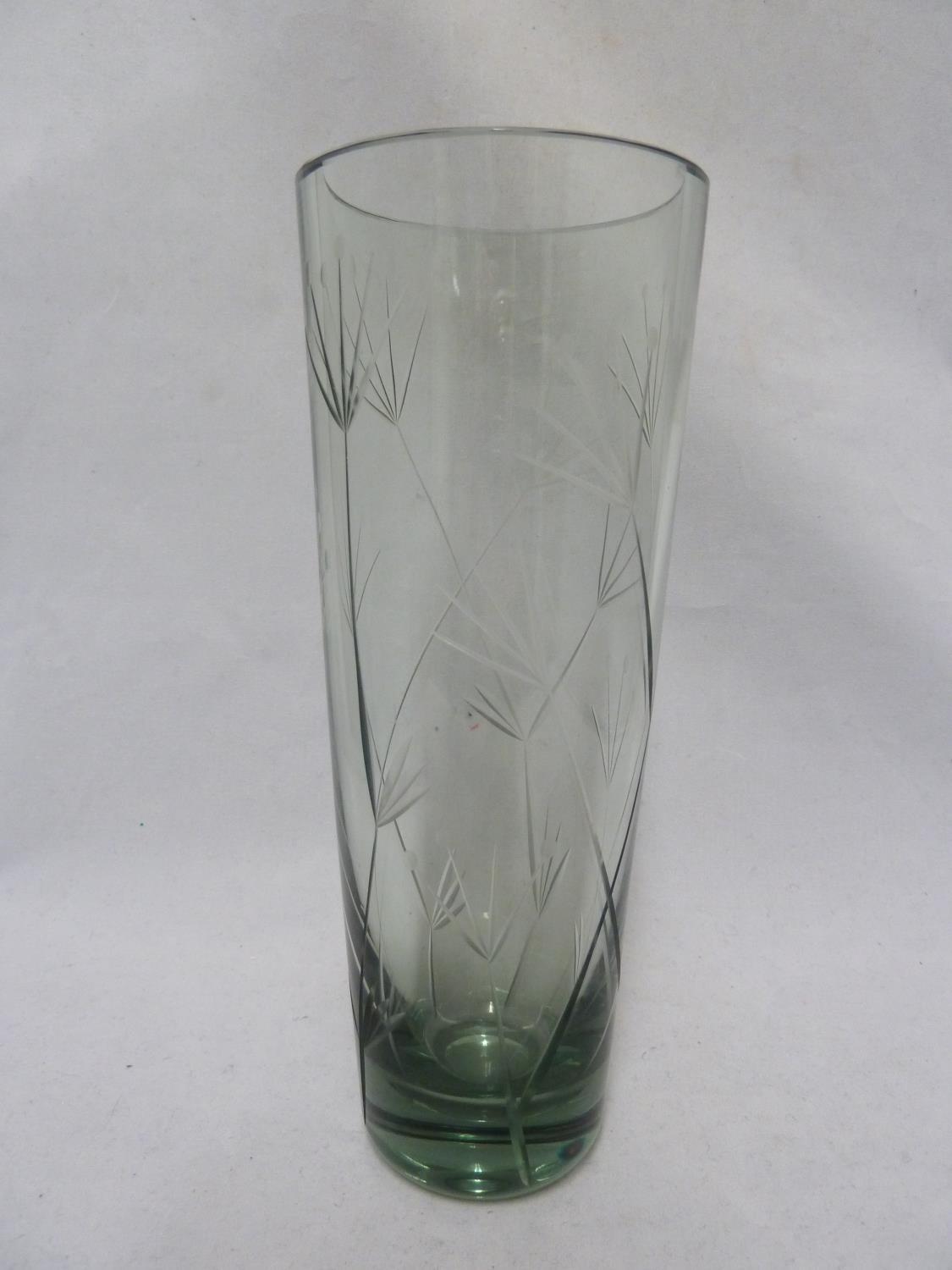 Geoffrey Baxter for Whitefriars- a sea green cylindrical glass vase cut with Cow Parsley design,