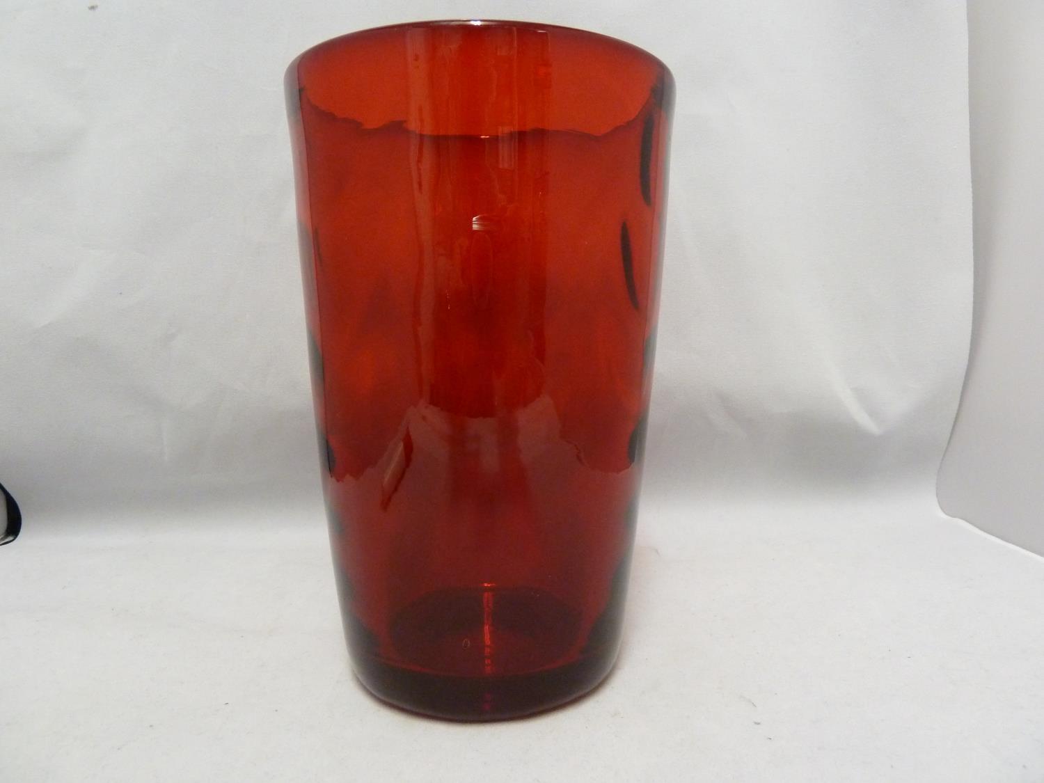 Marriott Powell for Whitefriars - An 8473 wave ribbed tumbler vase, ruby colour, 20cm high