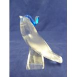Lalique - a Pimlico glass bird figure, the frosted glass swallow type bird, wearing a blue glass hat