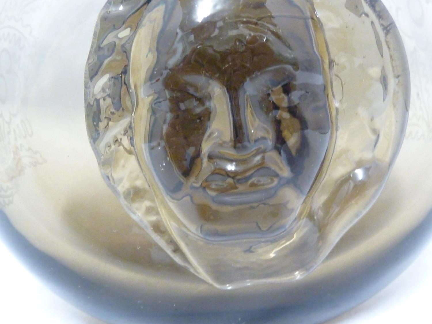 Seguso - a dark amber glass flask, the flattened globular body applied with a female head to each - Image 6 of 8