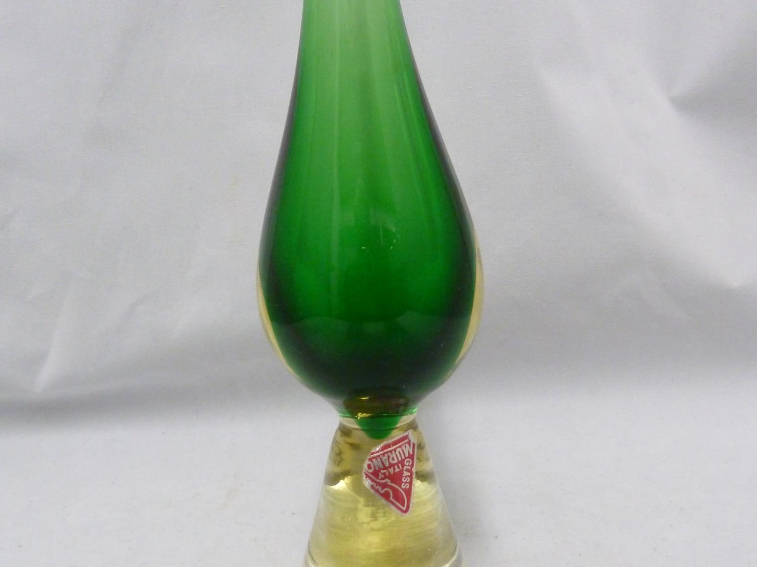 Luciano Gaspari for Salviati - a green glass teardrop vase on sommerso yellow/colourless conical - Image 3 of 6