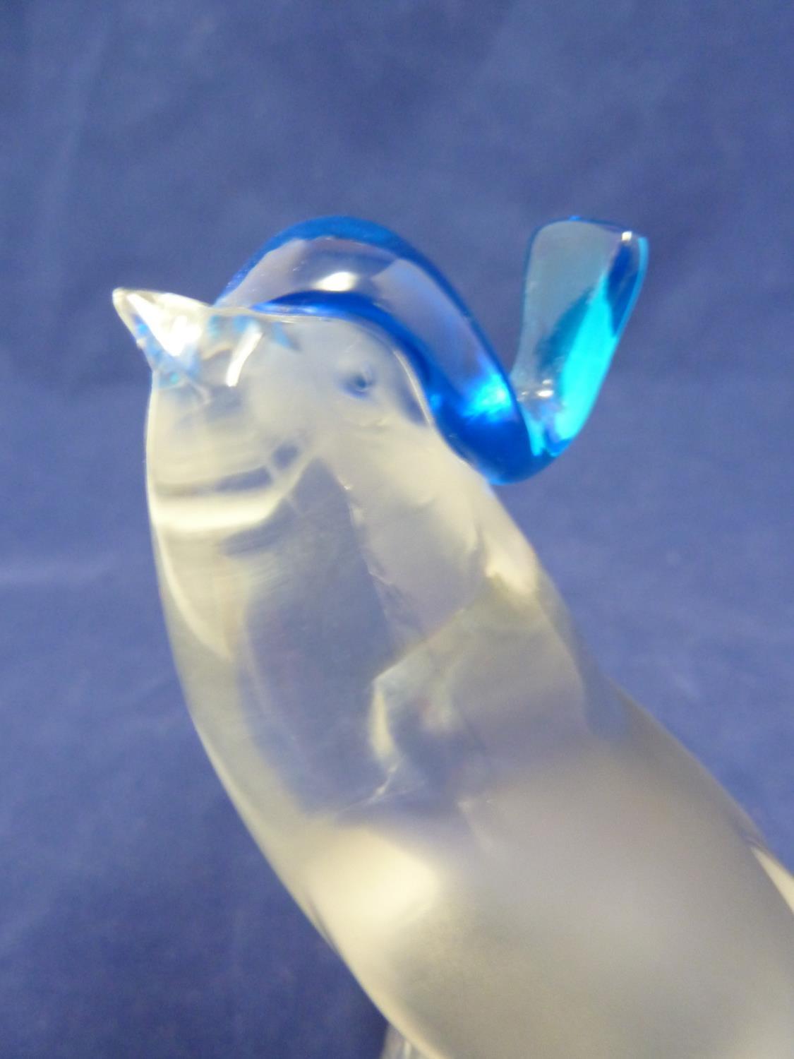 Lalique - a Pimlico glass bird figure, the frosted glass swallow type bird, wearing a blue glass hat - Image 2 of 4