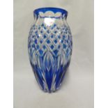 Val St Lambert - a large cobalt blue overlay ovoid vase cut with leaf motifs beneath hobnail