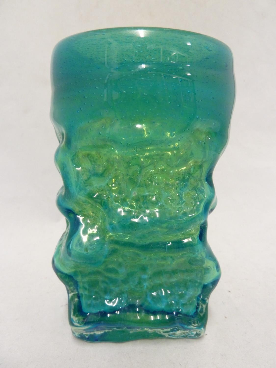 Mdina glass - a Bark vase, of small size, of square section base and circular top, blue/green - Image 5 of 6