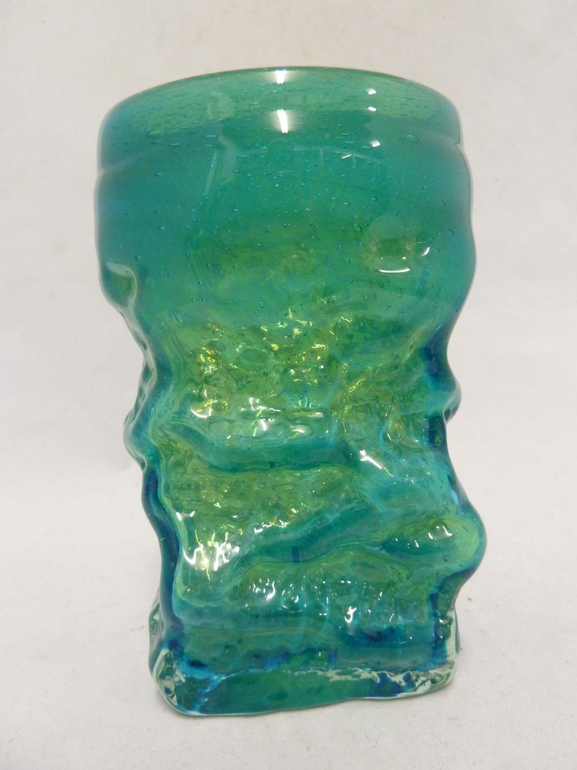 Mdina glass - a Bark vase, of small size, of square section base and circular top, blue/green - Image 6 of 6