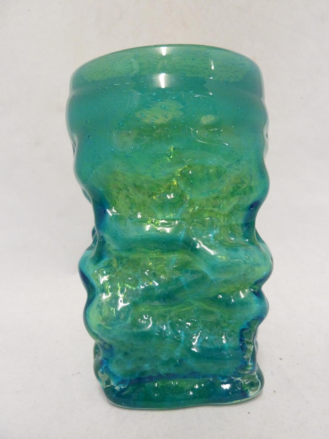 Mdina glass - a Bark vase, of small size, of square section base and circular top, blue/green - Image 3 of 6