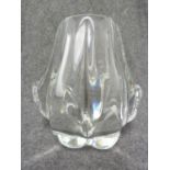 Val St Lambert - an organic form colourless glass vase, of lobed tulip shape flanked by 'leaf'