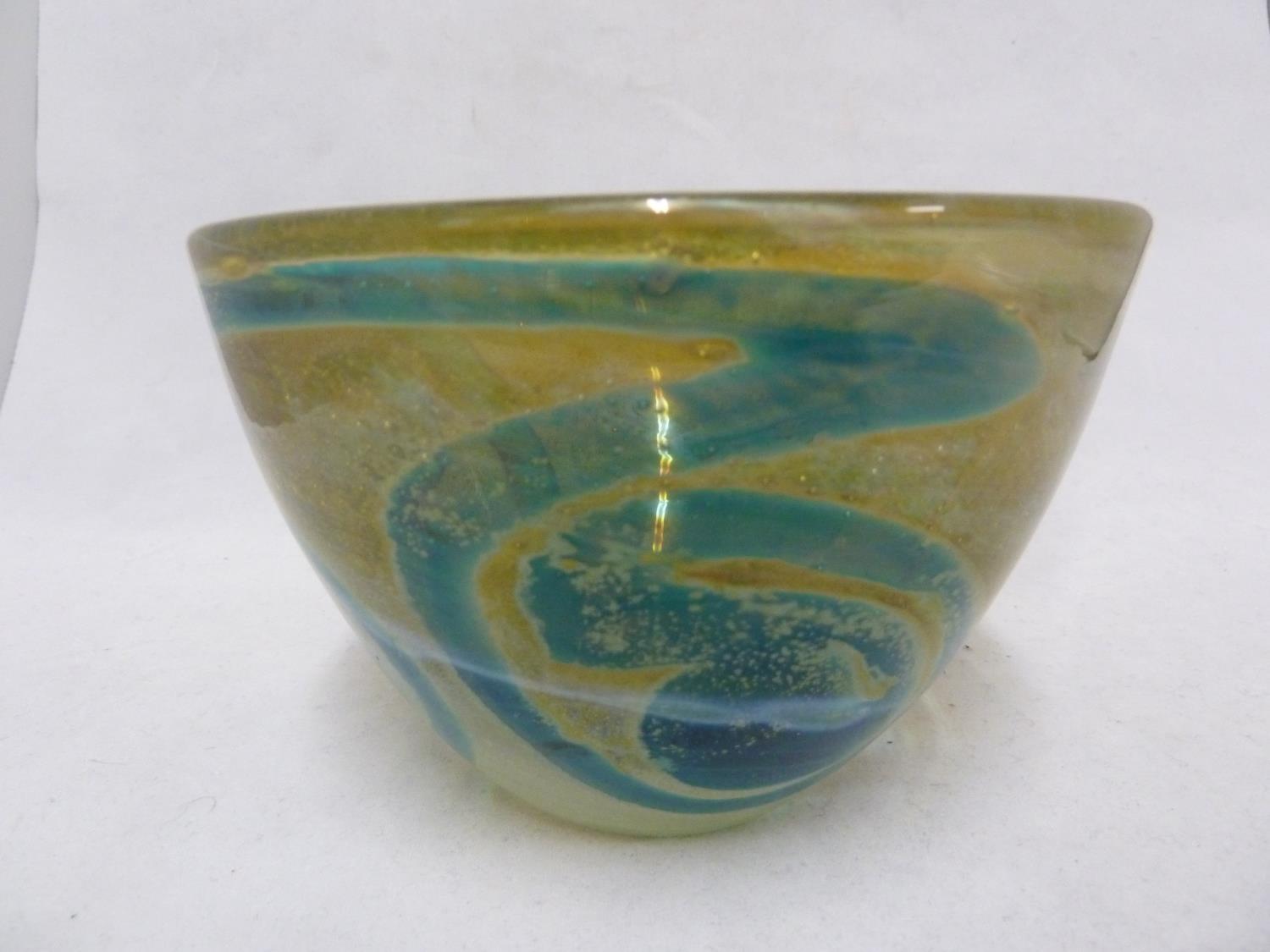 Mdina glass - a Rosenthal bowl, of blue swirls on a sand graduating to white coloured ground, hand - Image 4 of 7