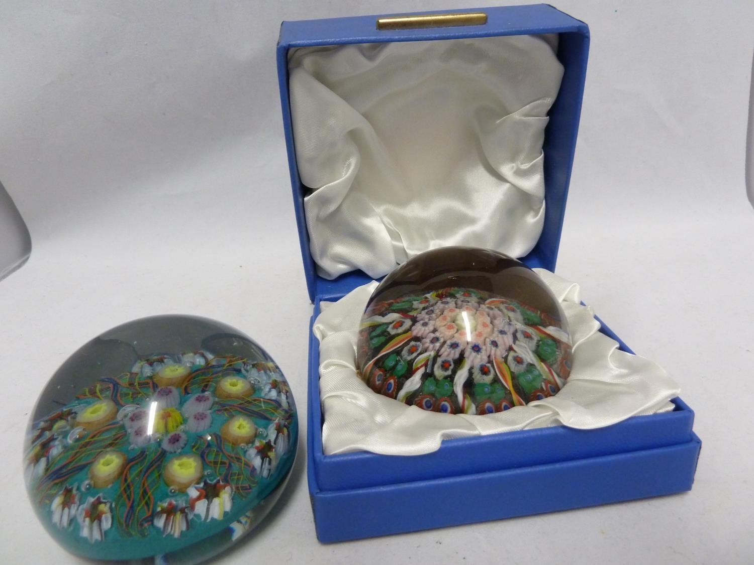 Strathern Glass - a boxed millifiori and barley twist cane glass paperweight; and a Salvador Ysart