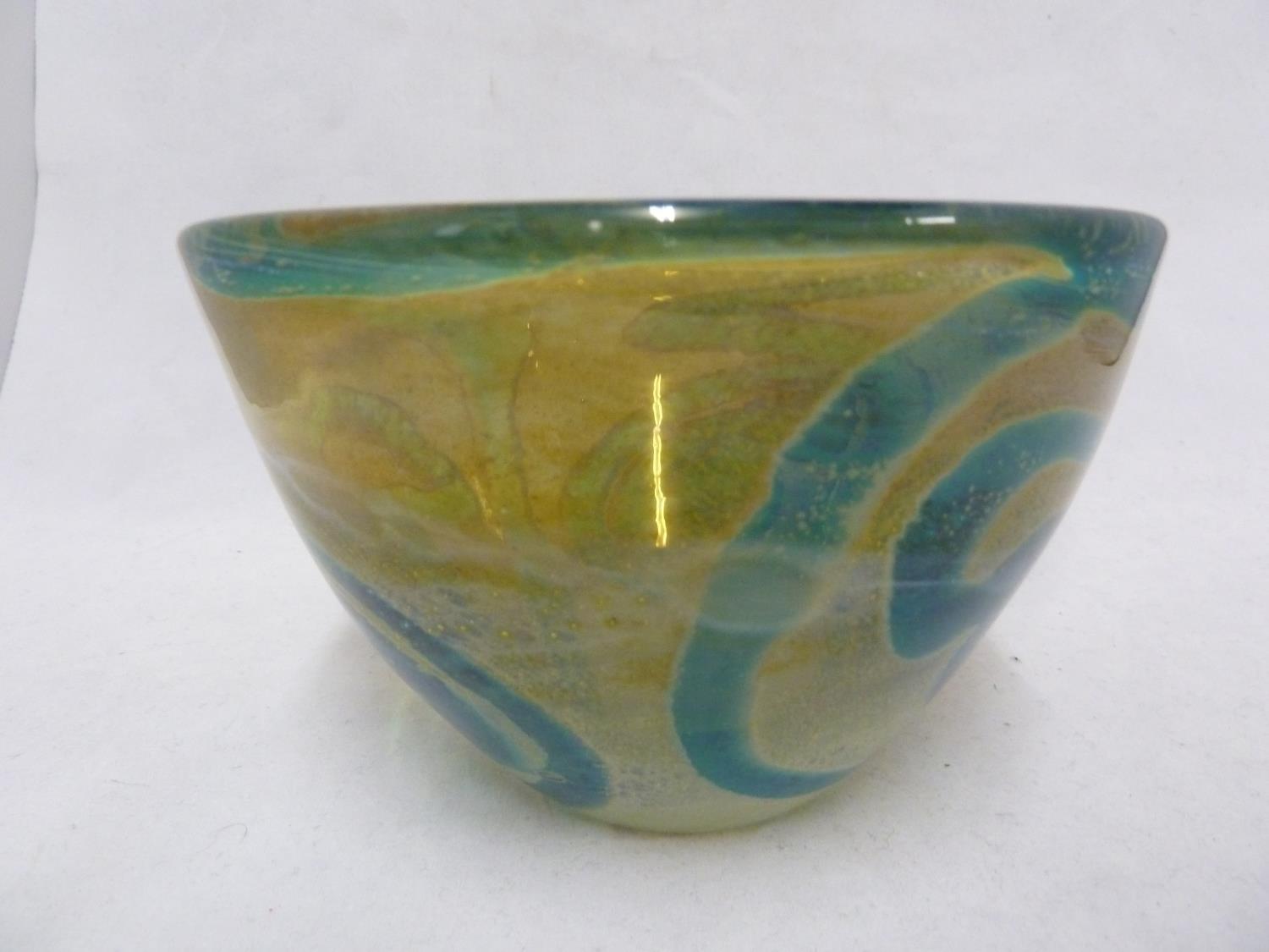 Mdina glass - a Rosenthal bowl, of blue swirls on a sand graduating to white coloured ground, hand - Image 2 of 7