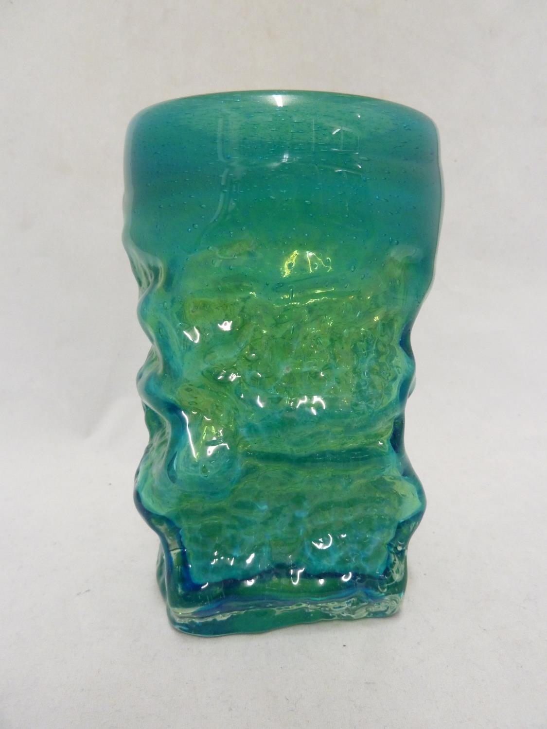 Mdina glass - a Bark vase, of small size, of square section base and circular top, blue/green