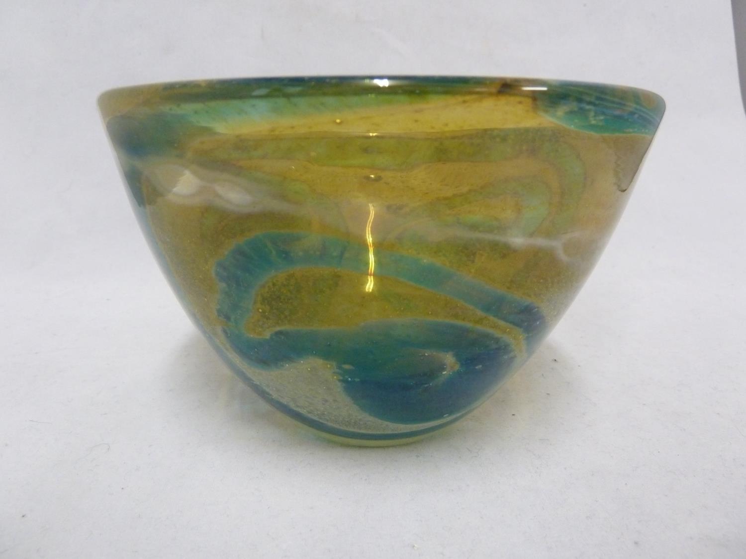 Mdina glass - a Rosenthal bowl, of blue swirls on a sand graduating to white coloured ground, hand