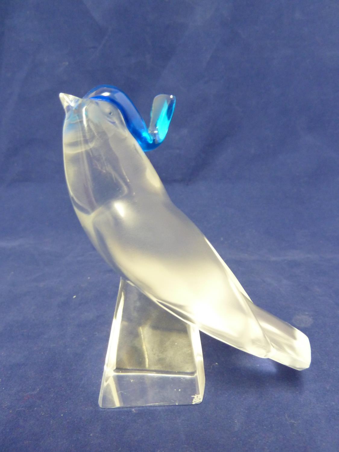Lalique - a Pimlico glass bird figure, the frosted glass swallow type bird, wearing a blue glass hat