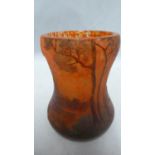 Legras - a landscape cameo vase, the green and amethyst overlay cut through to mottled orange with a