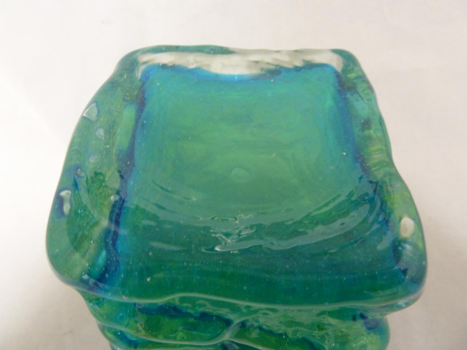 Mdina glass - a Bark vase, of small size, of square section base and circular top, blue/green - Image 2 of 6