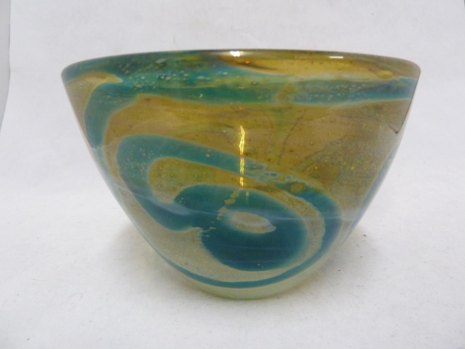 Mdina glass - a Rosenthal bowl, of blue swirls on a sand graduating to white coloured ground, hand - Image 3 of 7