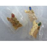 Pendelfin - Loyalty pins, rabbit form, gold finish, green, blue and red 'jewels' to ear. Good