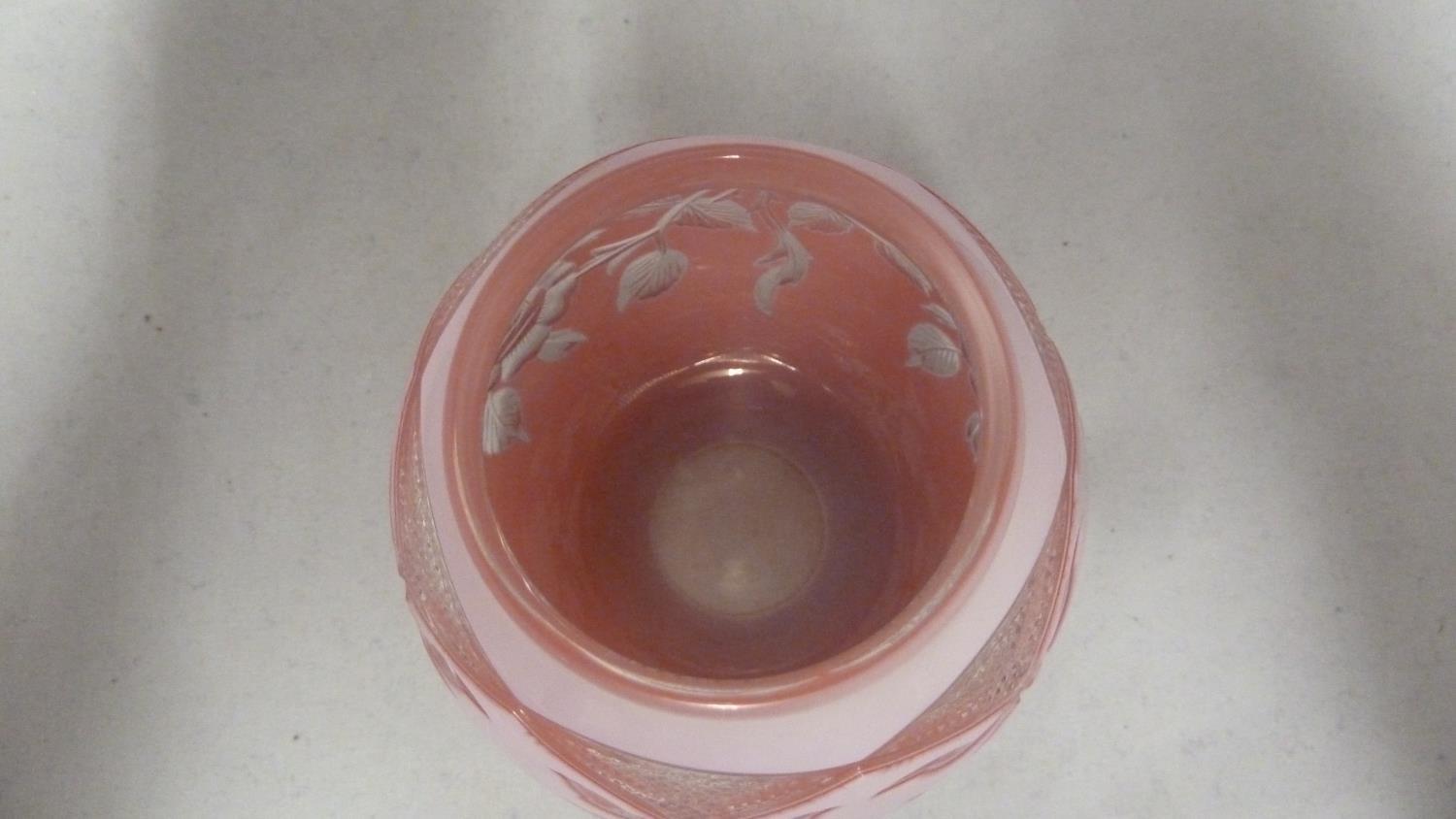 Stevens & Williams - a three colour intaglio cut glass vase, of squat ovoid form cut with rose swags - Image 3 of 4