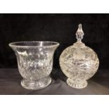 A Webb's glass bucket vase; and a globular glass box and cover with spire finial cut and acid