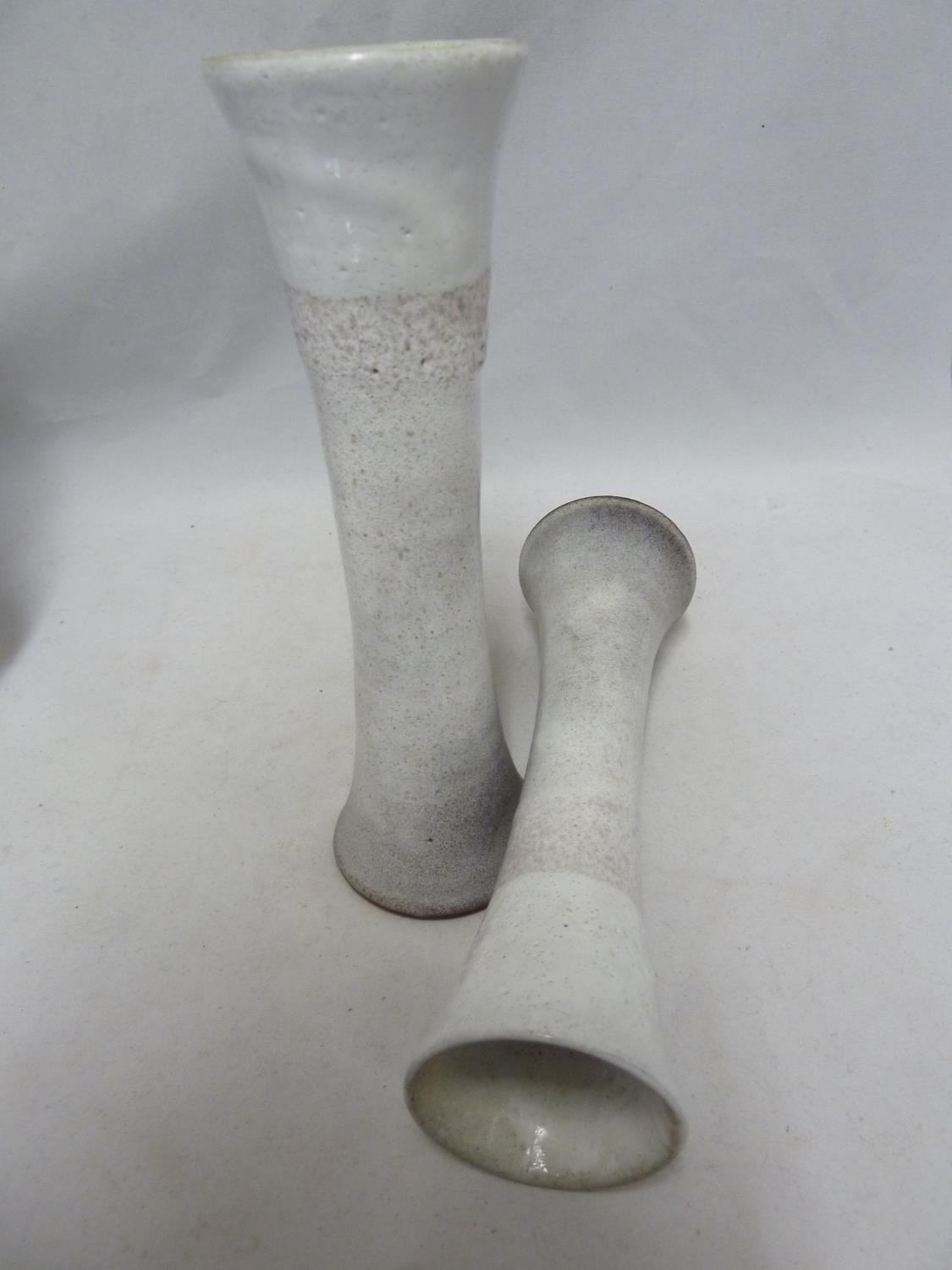 A pair of Woburn Pottery vase / candlesticks of waisted cylindrical form, grey/purple glaze, - Image 3 of 9