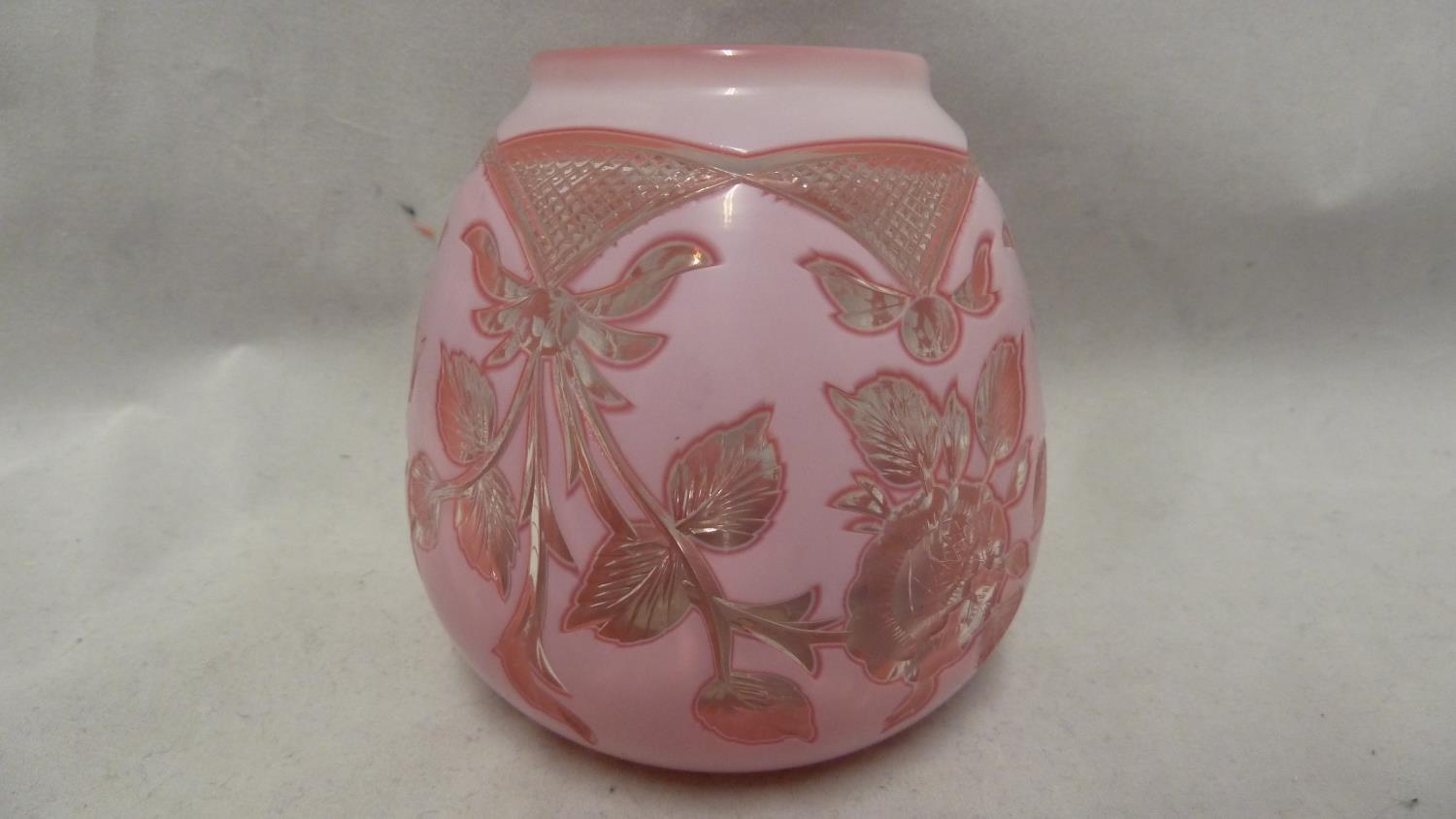 Stevens & Williams - a three colour intaglio cut glass vase, of squat ovoid form cut with rose swags - Image 2 of 4