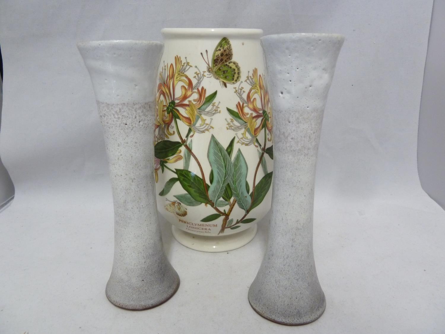A pair of Woburn Pottery vase / candlesticks of waisted cylindrical form, grey/purple glaze,