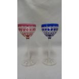 Saint Louis - two wine glasses, the bowls of overlay cobalt blue and ruby, finely cut with alternate