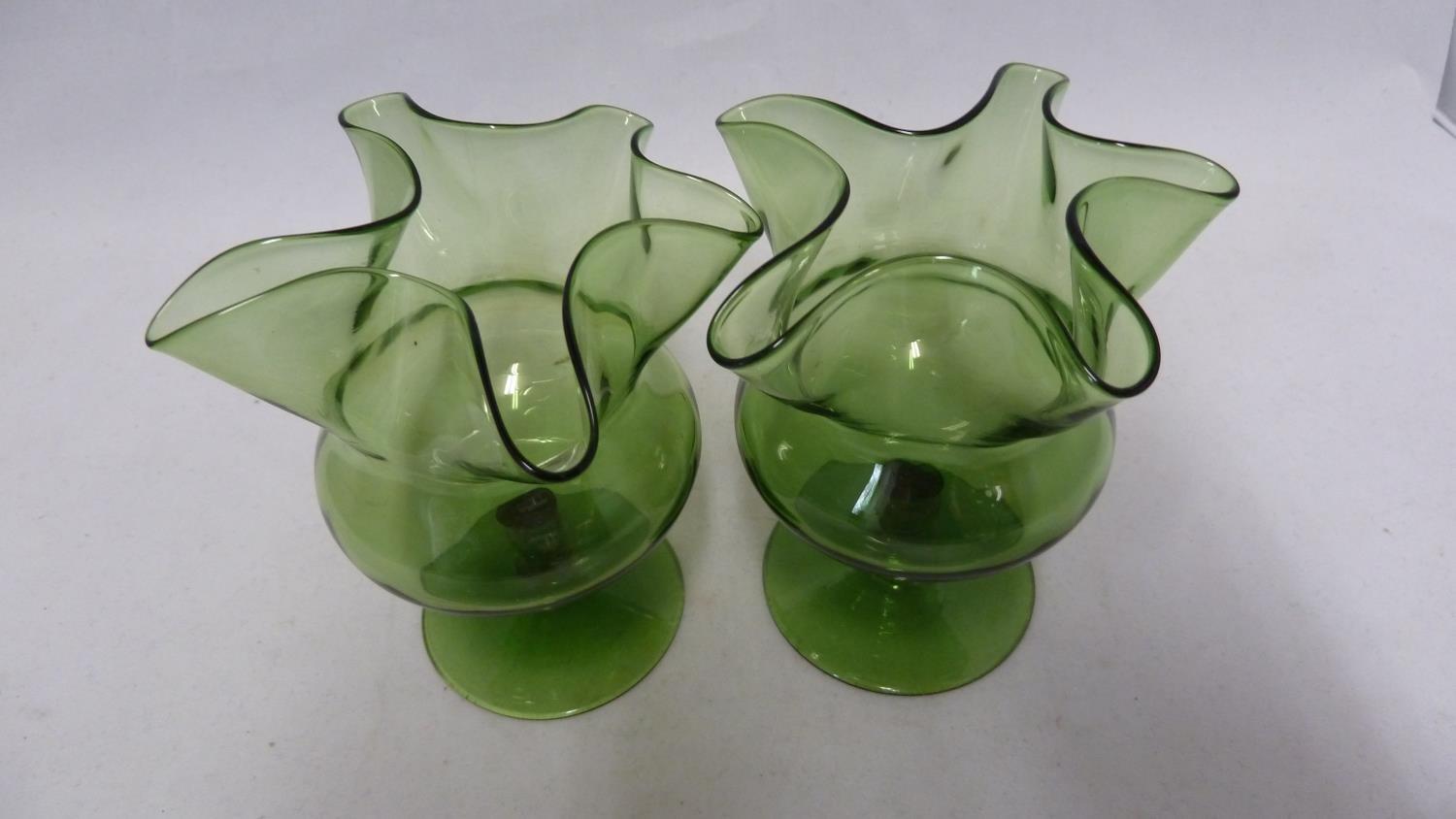 James Powell & Sons, Whitefriars Limited - a pair of green glass posy vases, of crimped star form - Image 2 of 4