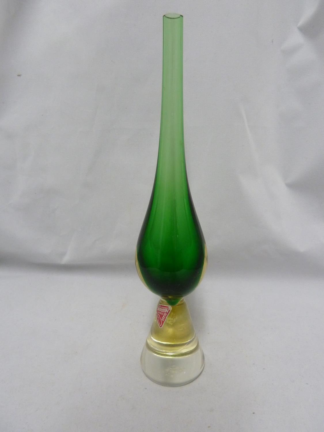 Luciano Gaspari for Salviati - a green glass teardrop vase on sommerso yellow/colourless conical