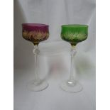 Continental Glass - Two two colour overlay hock glasses, the bowls of green; and amethyst over