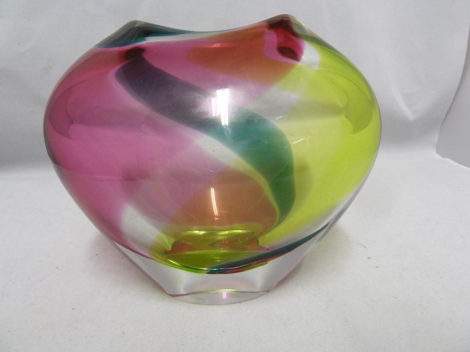 Flygfors - a Flamingo glass vase, the flattened ovoid body cased over lime green, emerald green