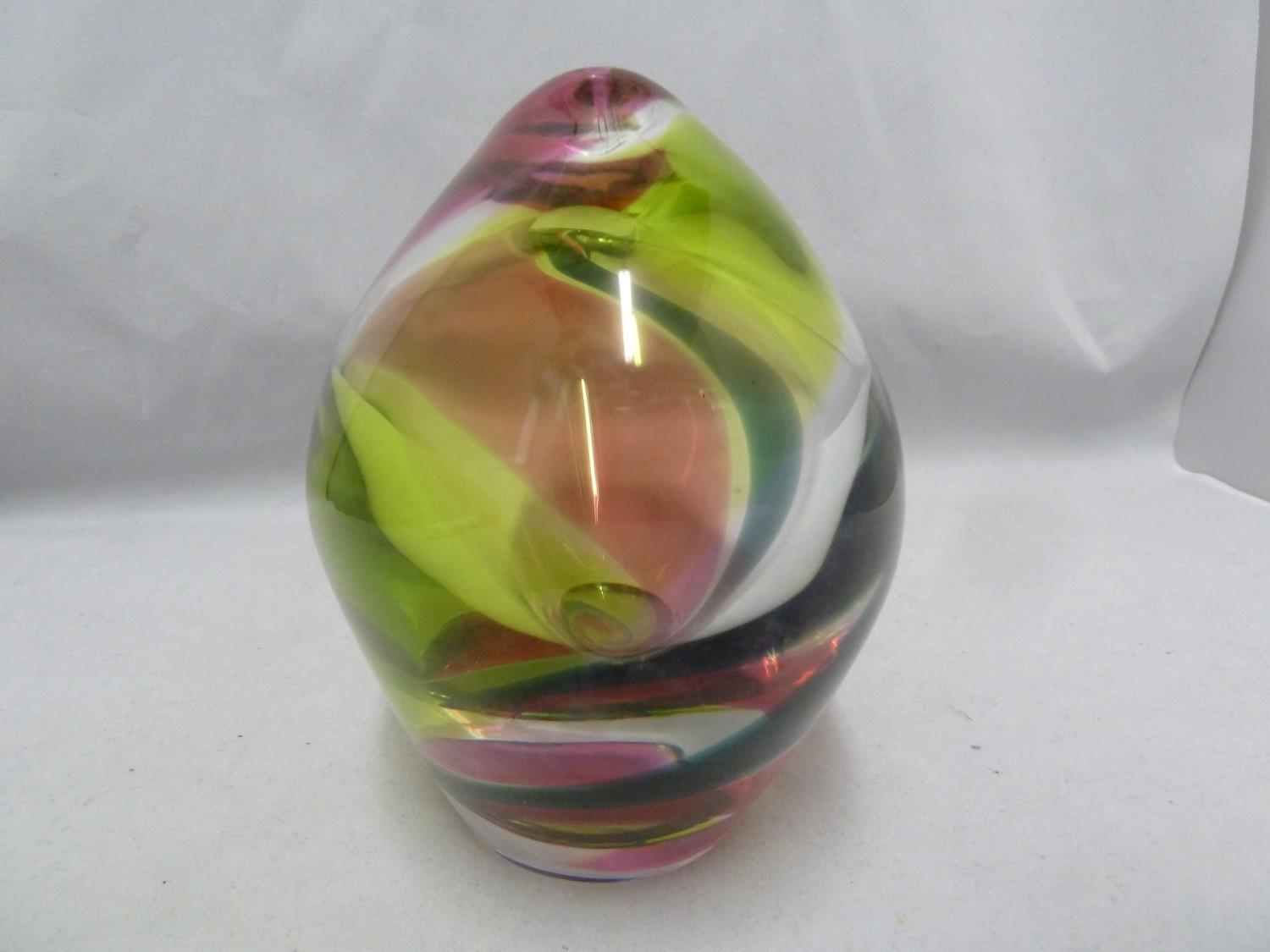 Flygfors - a Flamingo glass vase, the flattened ovoid body cased over lime green, emerald green - Image 2 of 6