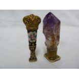 Two gilt metal letter seals, one with French enamel handle the other with a natural amethyst