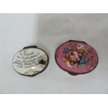 Two Bilston enamel patch boxes, oval one with bright pink cover enamelled with polychrome Summer
