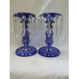 A pair of Bohemian blue overlay glass lustres, 20cm high (2)