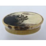 Scottish Interest - A Georgian oval horn snuff box, the cover applied with a silver thistle motif,