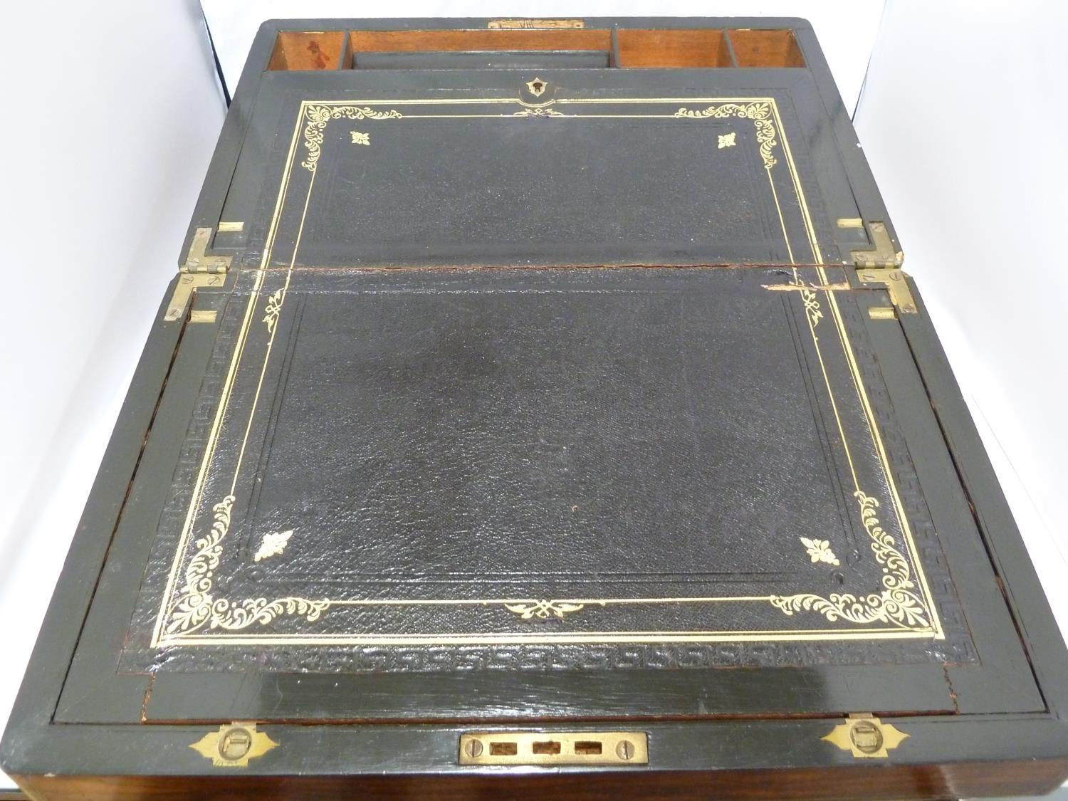 A brass bound writing slope, with black tooled leather fitted interior , 40cm max - Image 4 of 7